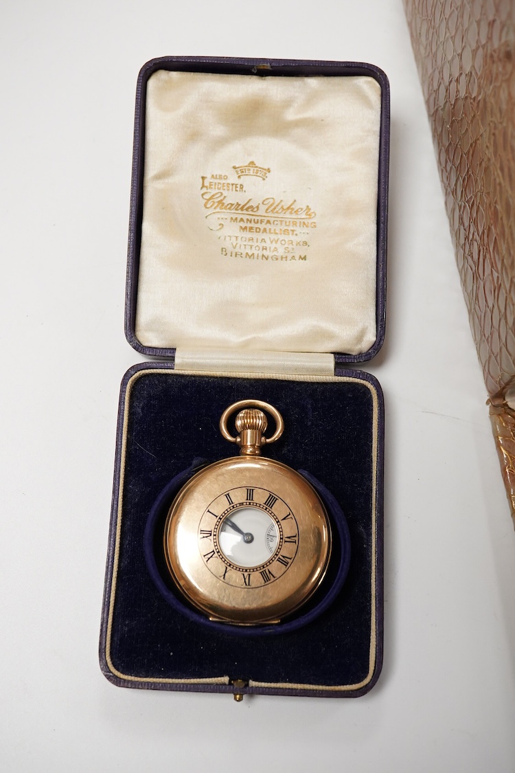 A 9ct gold bracelet, 18cm, 3.5 grams and a quantity of silver, white metal, 925 and costume jewellery, a gold plated half hunter pocket watch contained in a jewellery box.